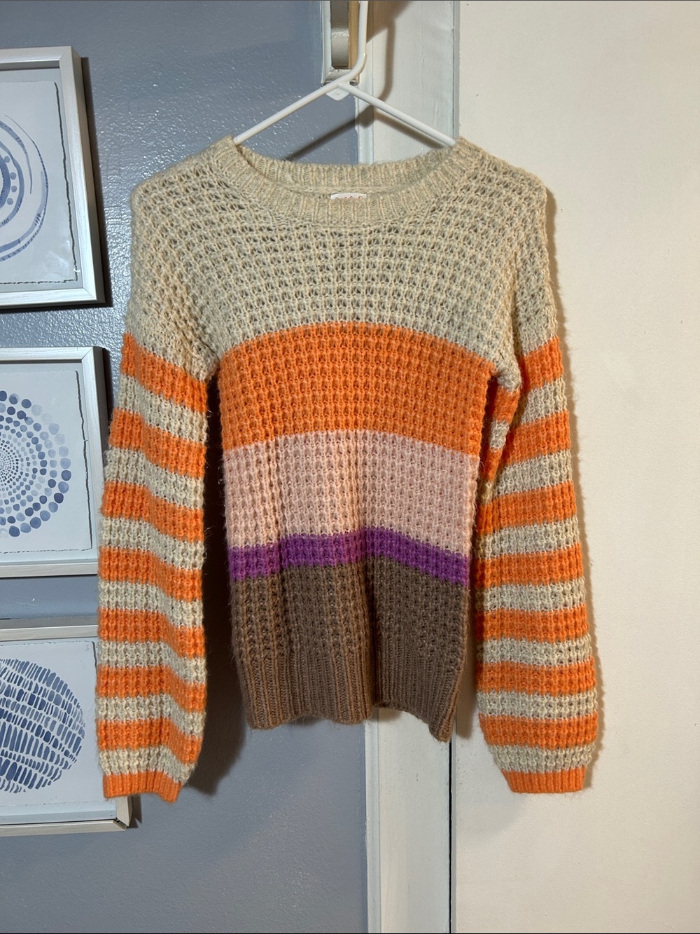Cat & Jack Orange, Cream, Pink, Purple, Brown Striped Knit Sweater Sz L